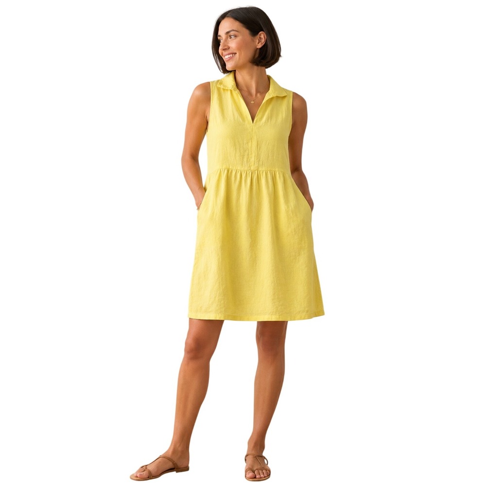 Terzo Millennio Italy Yellow Linen Dress M Coastal Collared Sleeveless Pockets